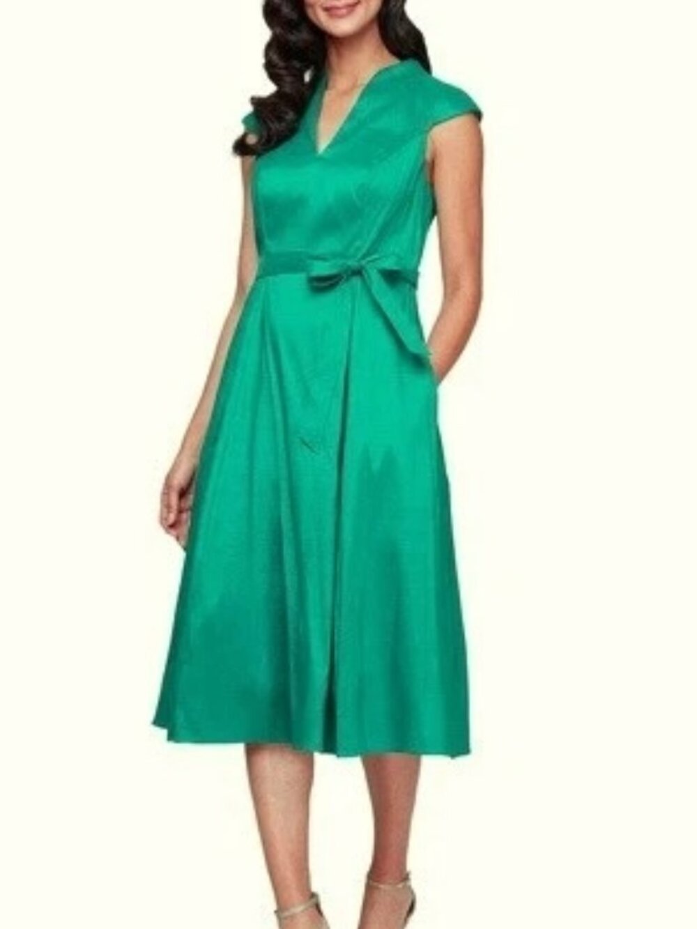 Alex Evenings Hot Teal V-Neck Taffeta Tea-Length Waist Tie Dress